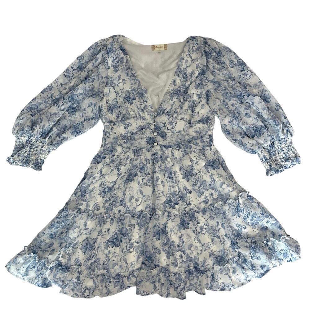 Altard State Blue & White Floral Ruffle Mini Dress Size L Cottagecore